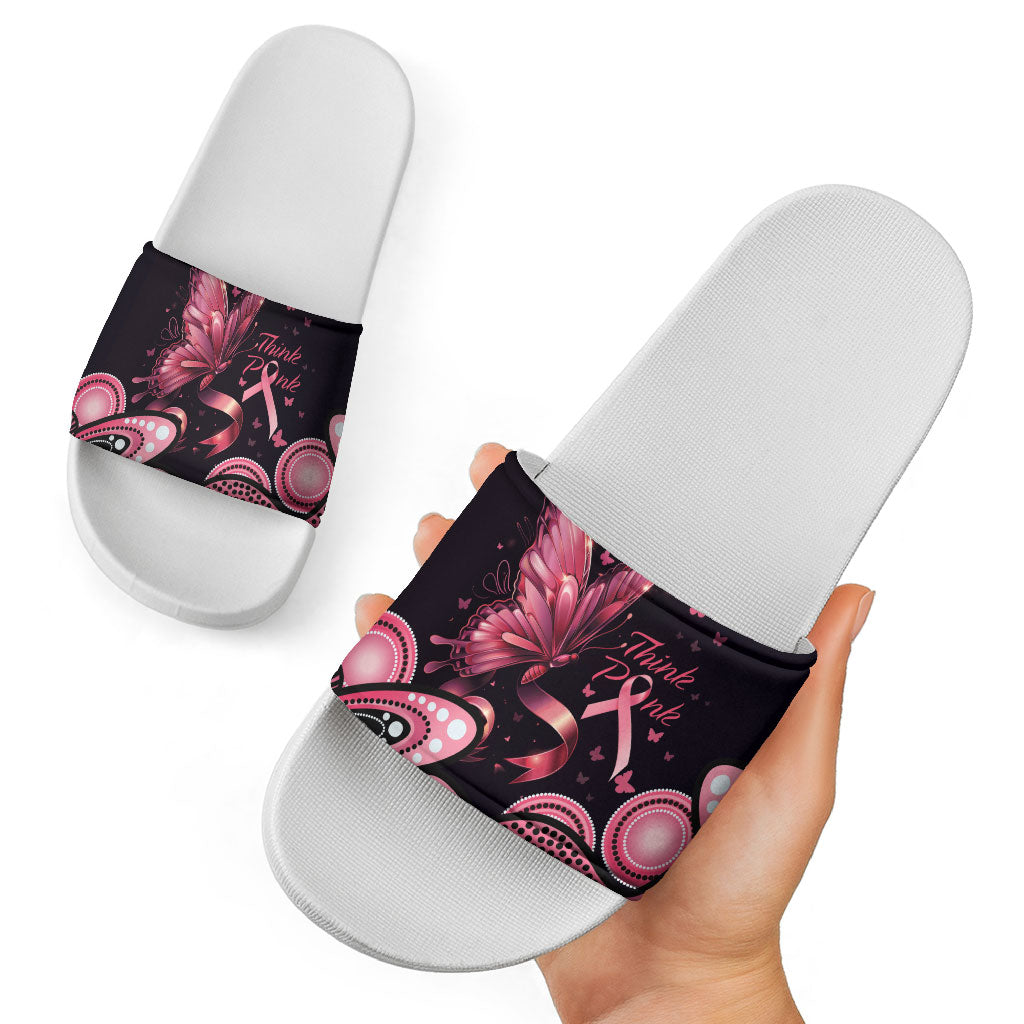 Think Pink Butterfly Ribbon Aboriginal Art Slide Sandals