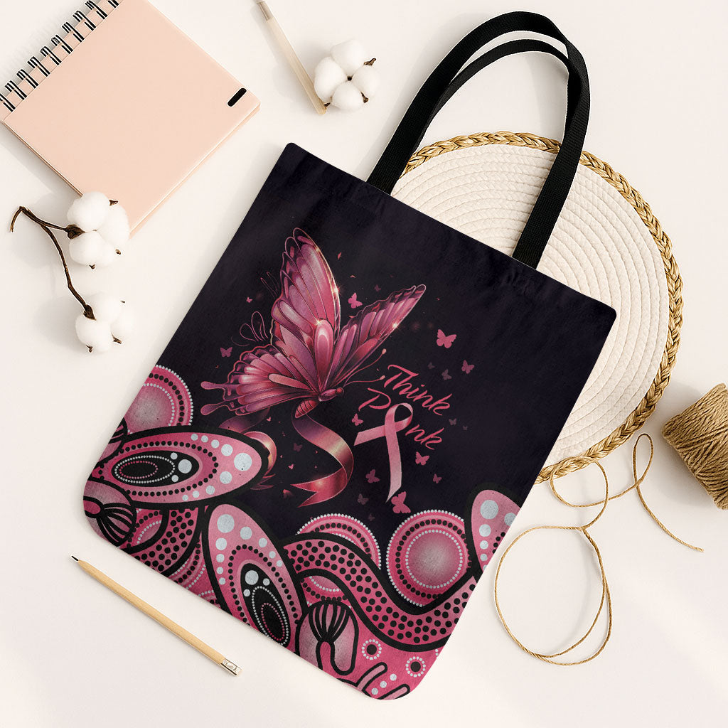 Think Pink Butterfly Ribbon Aboriginal Art Tote Bag