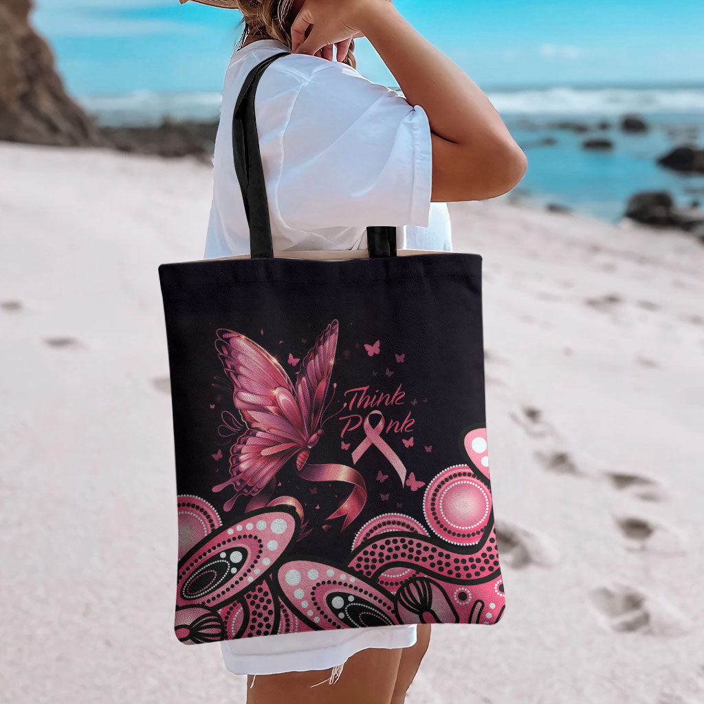 Think Pink Butterfly Ribbon Aboriginal Art Tote Bag