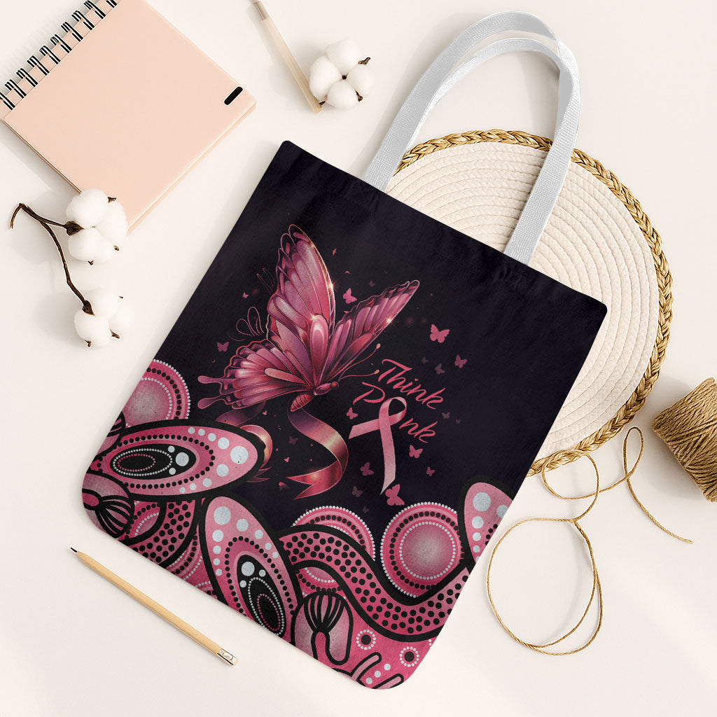 Think Pink Butterfly Ribbon Aboriginal Art Tote Bag