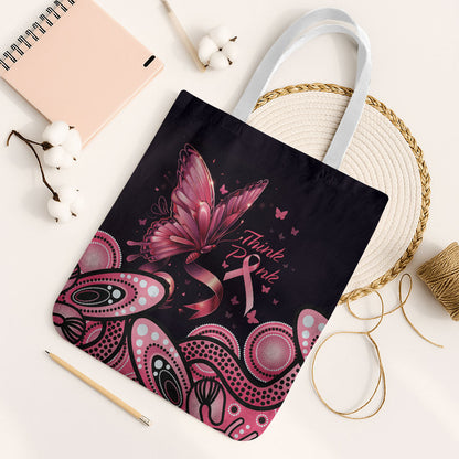 Think Pink Butterfly Ribbon Aboriginal Art Tote Bag