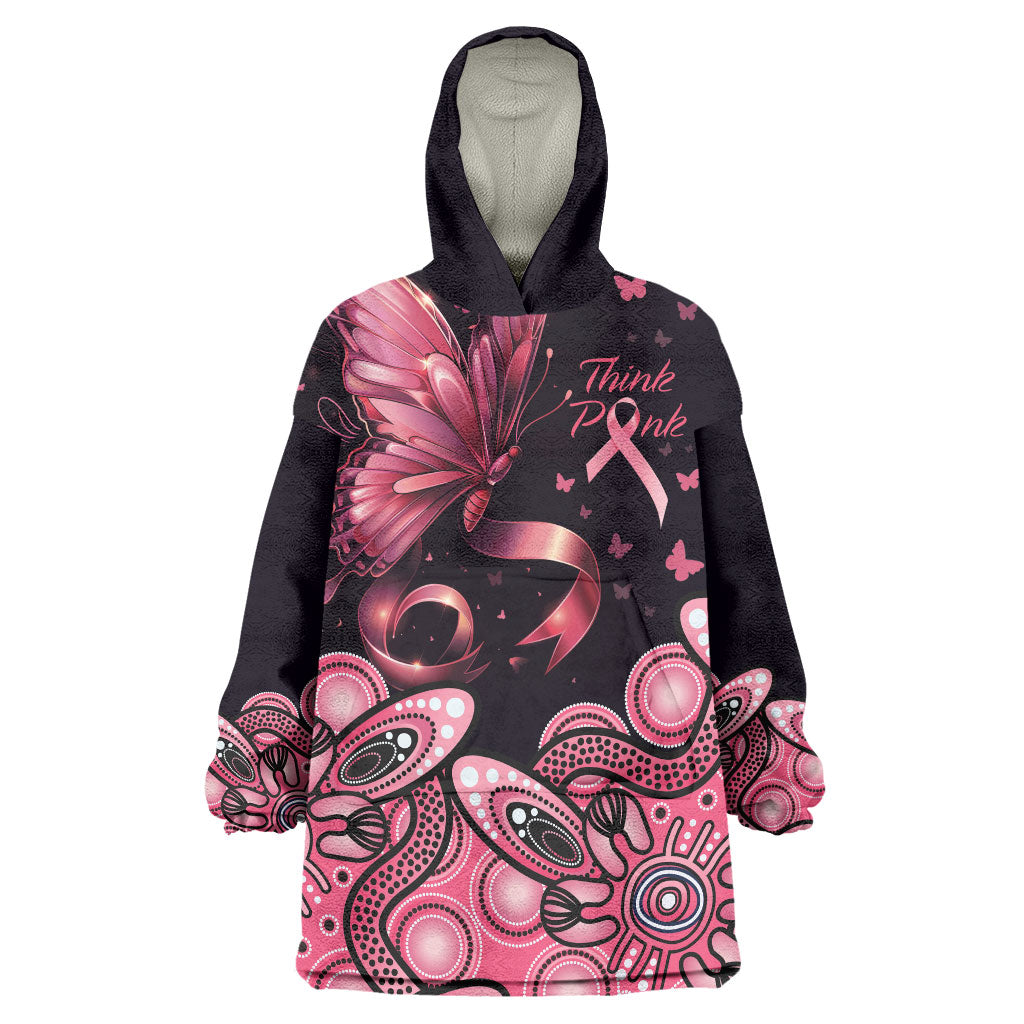 Think Pink Butterfly Ribbon Aboriginal Art Wearable Blanket Hoodie