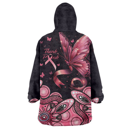 Think Pink Butterfly Ribbon Aboriginal Art Wearable Blanket Hoodie
