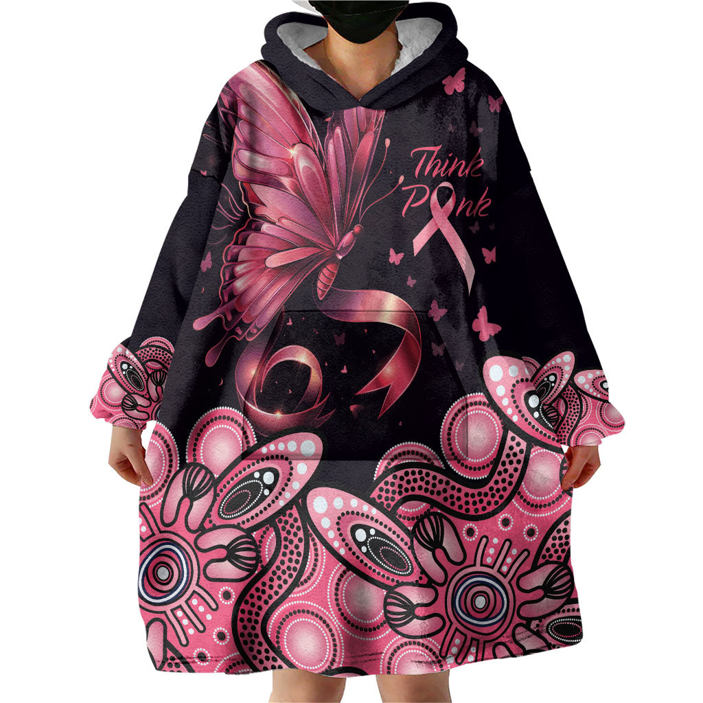 Think Pink Butterfly Ribbon Aboriginal Art Wearable Blanket Hoodie