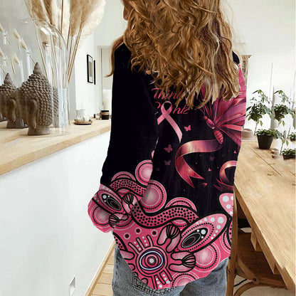 Think Pink Butterfly Ribbon Aboriginal Art Women Casual Shirt
