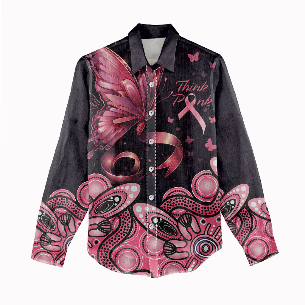 Think Pink Butterfly Ribbon Aboriginal Art Women Casual Shirt