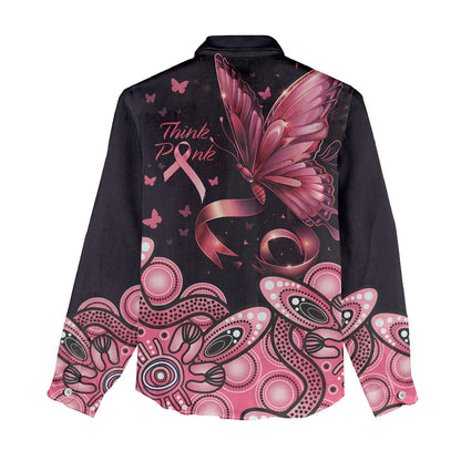Think Pink Butterfly Ribbon Aboriginal Art Women Casual Shirt