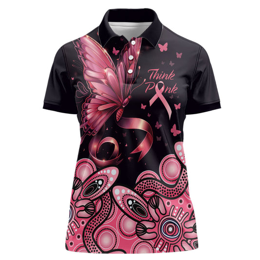 Think Pink Butterfly Ribbon Aboriginal Art Women Polo Shirt