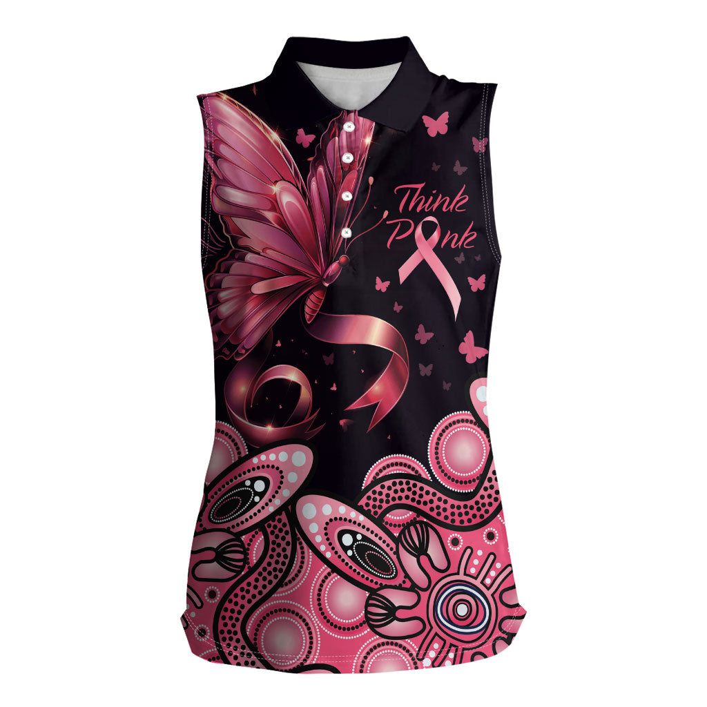 Think Pink Butterfly Ribbon Aboriginal Art Women Sleeveless Polo Shirt