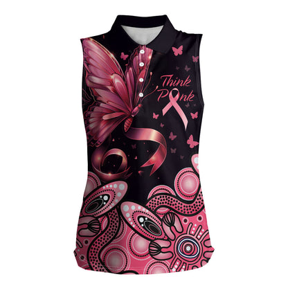 Think Pink Butterfly Ribbon Aboriginal Art Women Sleeveless Polo Shirt
