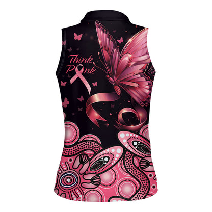 Think Pink Butterfly Ribbon Aboriginal Art Women Sleeveless Polo Shirt