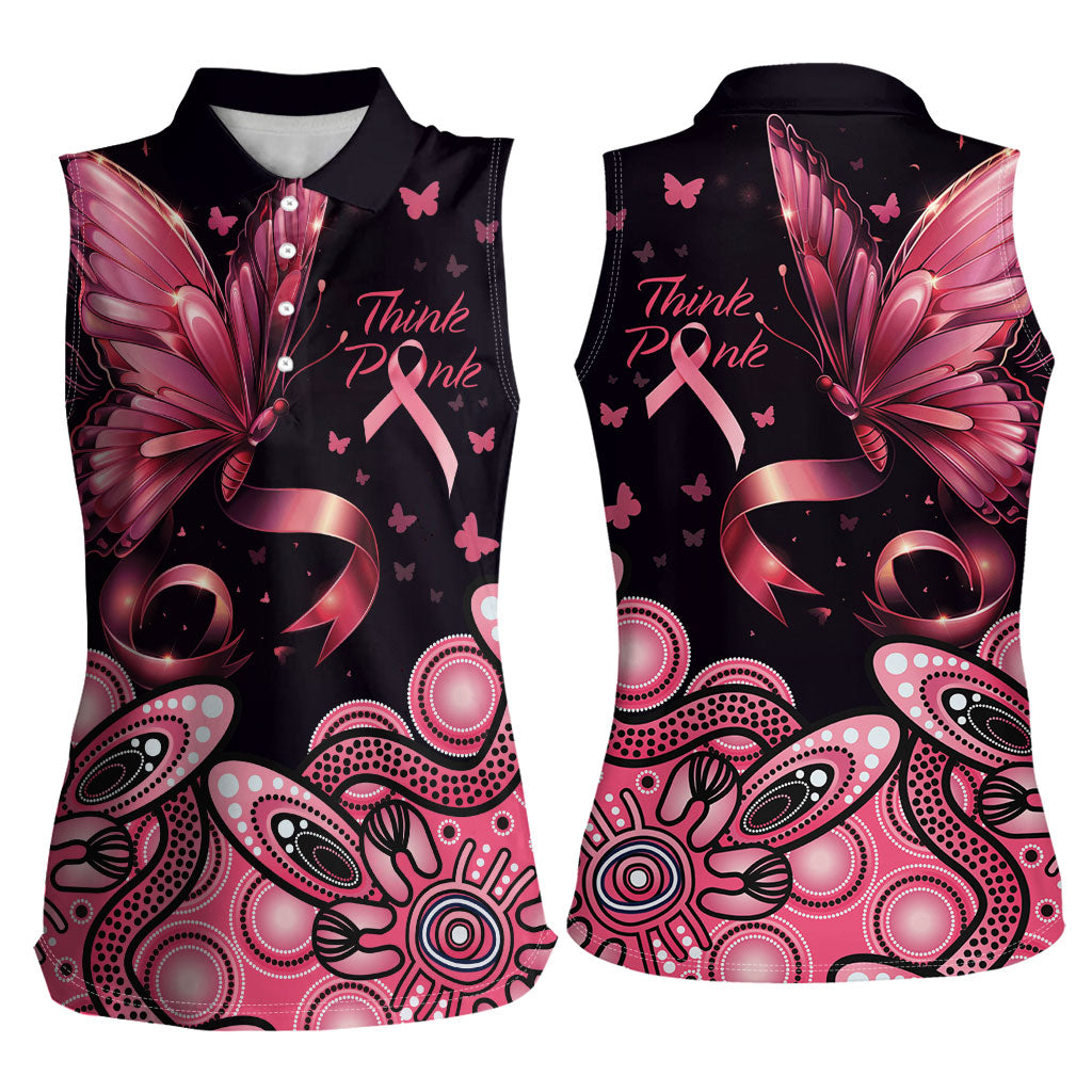 Think Pink Butterfly Ribbon Aboriginal Art Women Sleeveless Polo Shirt