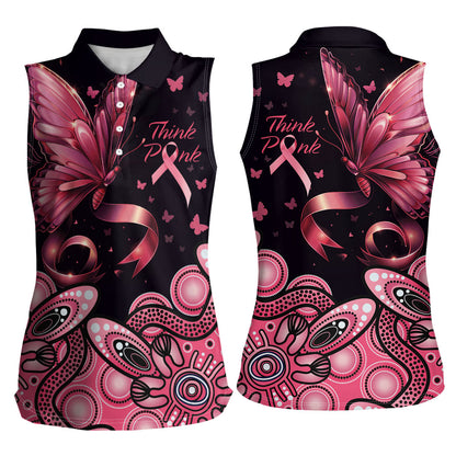 Think Pink Butterfly Ribbon Aboriginal Art Women Sleeveless Polo Shirt
