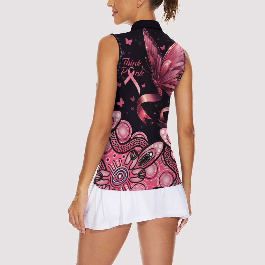 Think Pink Butterfly Ribbon Aboriginal Art Women Sleeveless Polo Shirt