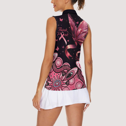 Think Pink Butterfly Ribbon Aboriginal Art Women Sleeveless Polo Shirt
