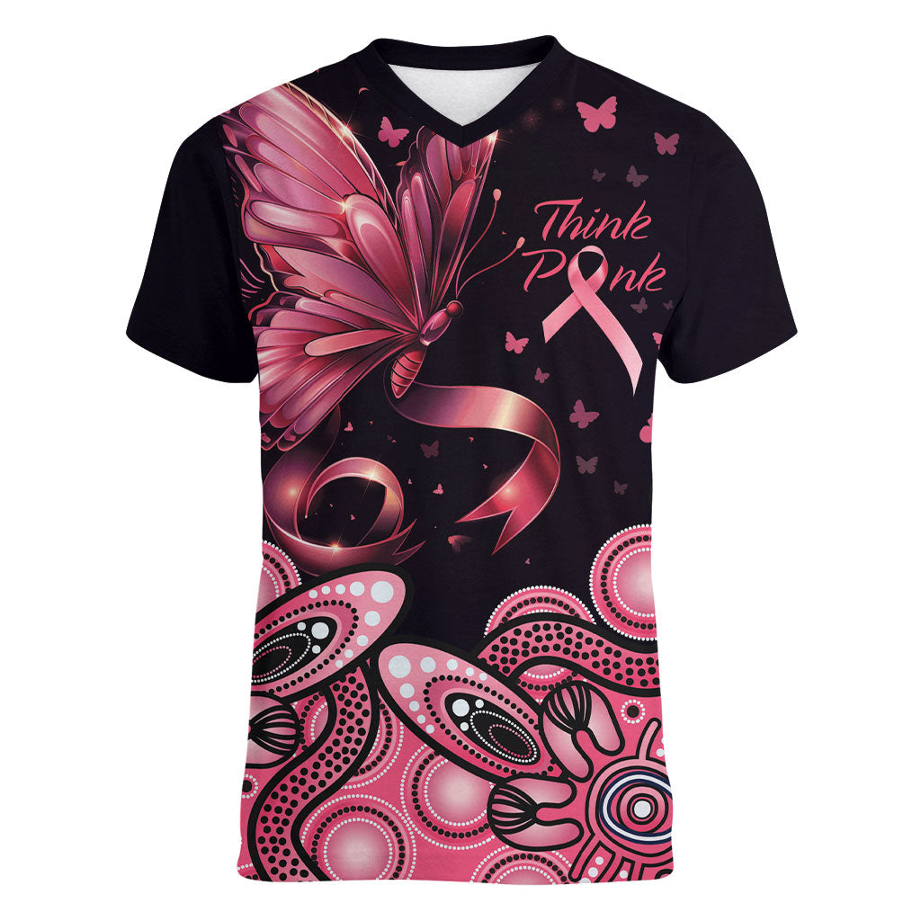 Think Pink Butterfly Ribbon Aboriginal Art Women V-Neck T-Shirt