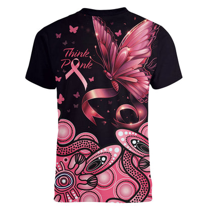 Think Pink Butterfly Ribbon Aboriginal Art Women V-Neck T-Shirt