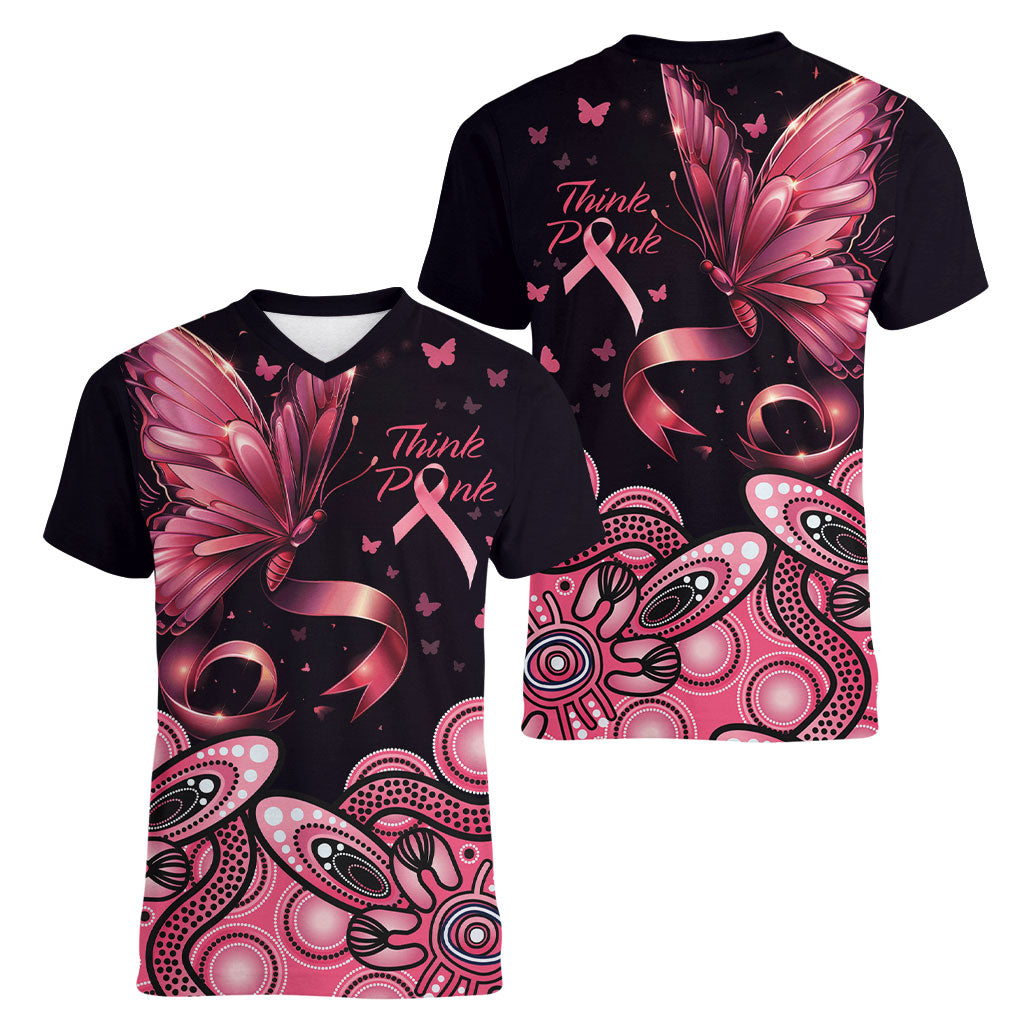 Think Pink Butterfly Ribbon Aboriginal Art Women V-Neck T-Shirt