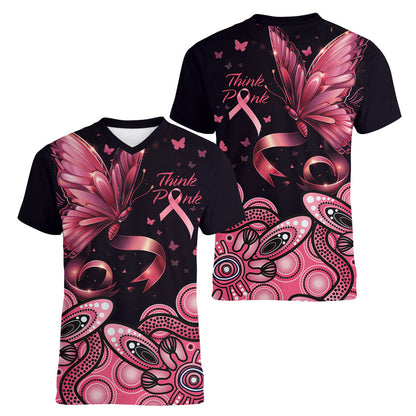 Think Pink Butterfly Ribbon Aboriginal Art Women V-Neck T-Shirt