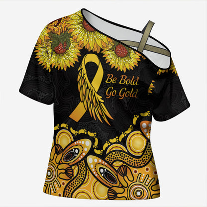 Be Bold Go Gold Aboriginal Ribbon Childhood Personalised Cross Shoulder Shirt