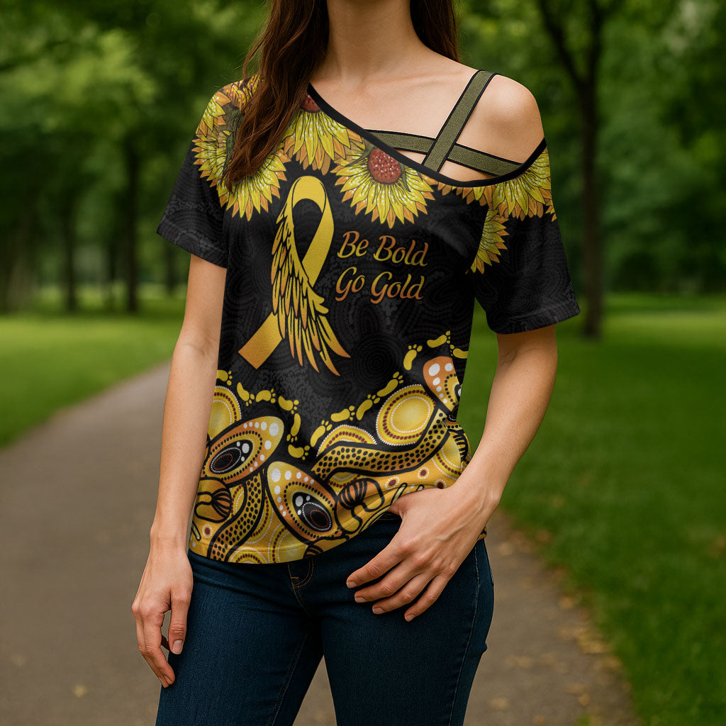 Be Bold Go Gold Aboriginal Ribbon Childhood Personalised Cross Shoulder Shirt