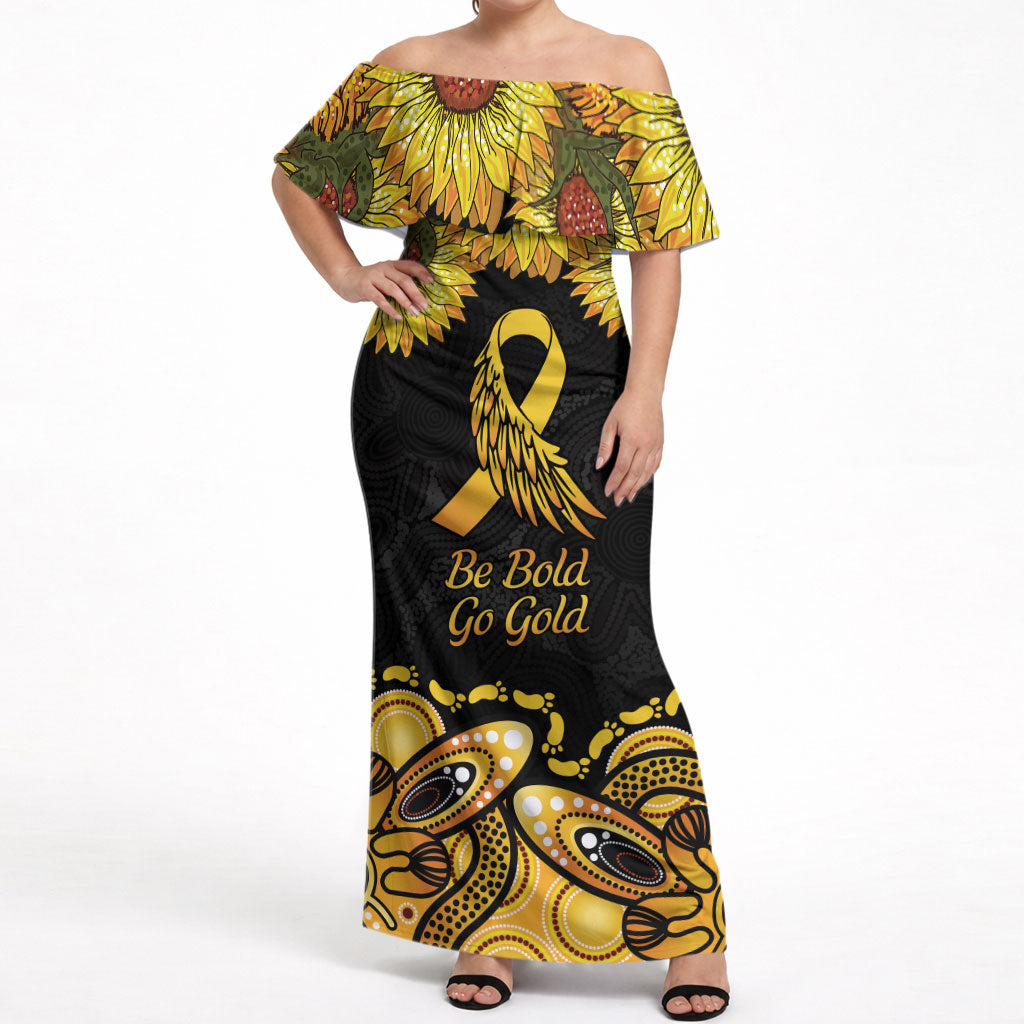 Be Bold Go Gold Aboriginal Ribbon Childhood Personalised Off Shoulder Maxi Dress