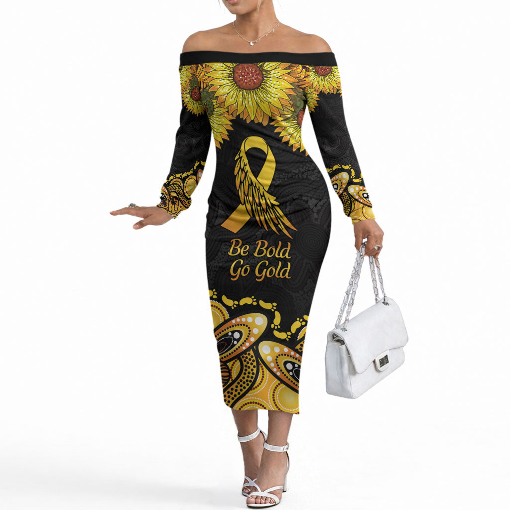 Be Bold Go Gold Aboriginal Ribbon Childhood Personalised Off The Shoulder Long Sleeve Dress
