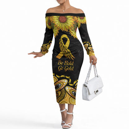 Be Bold Go Gold Aboriginal Ribbon Childhood Personalised Off The Shoulder Long Sleeve Dress
