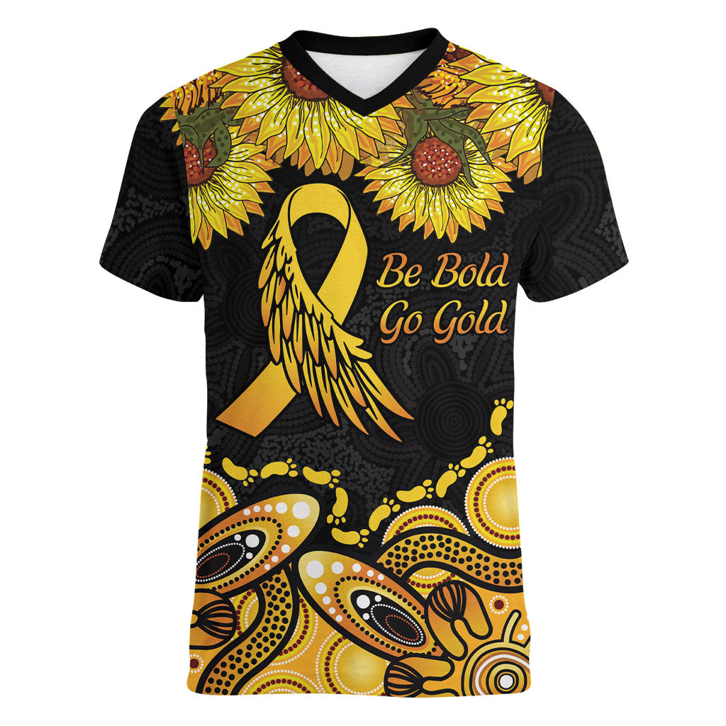 Be Bold Go Gold Aboriginal Ribbon Childhood Personalised Women V-Neck T-Shirt