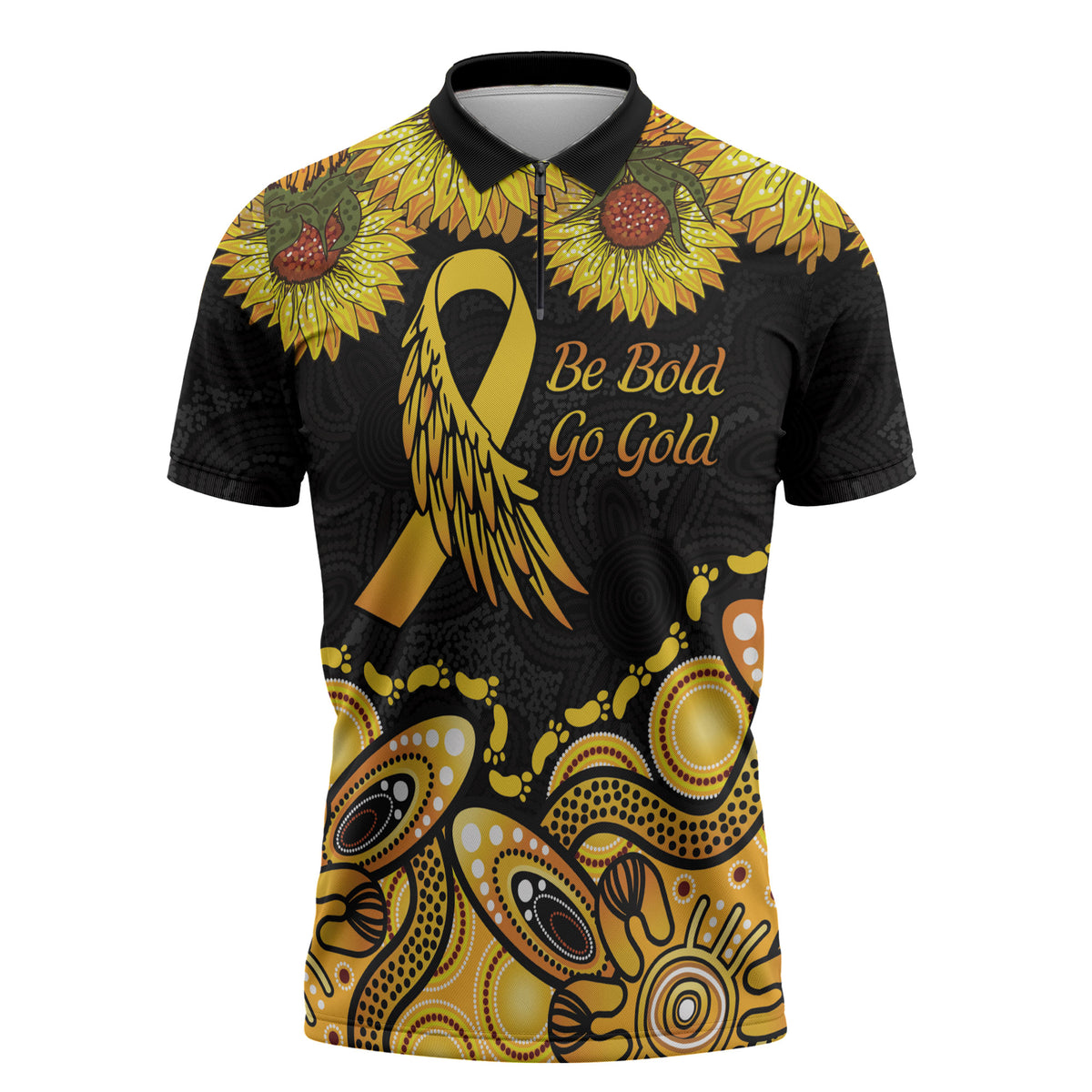 Be Bold Go Gold Aboriginal Ribbon Childhood Personalised Zipper Polo Shirt