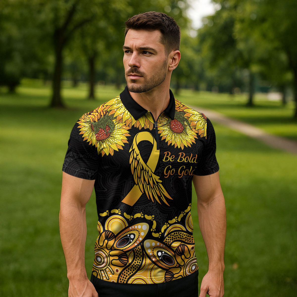 Be Bold Go Gold Aboriginal Ribbon Childhood Personalised Zipper Polo Shirt