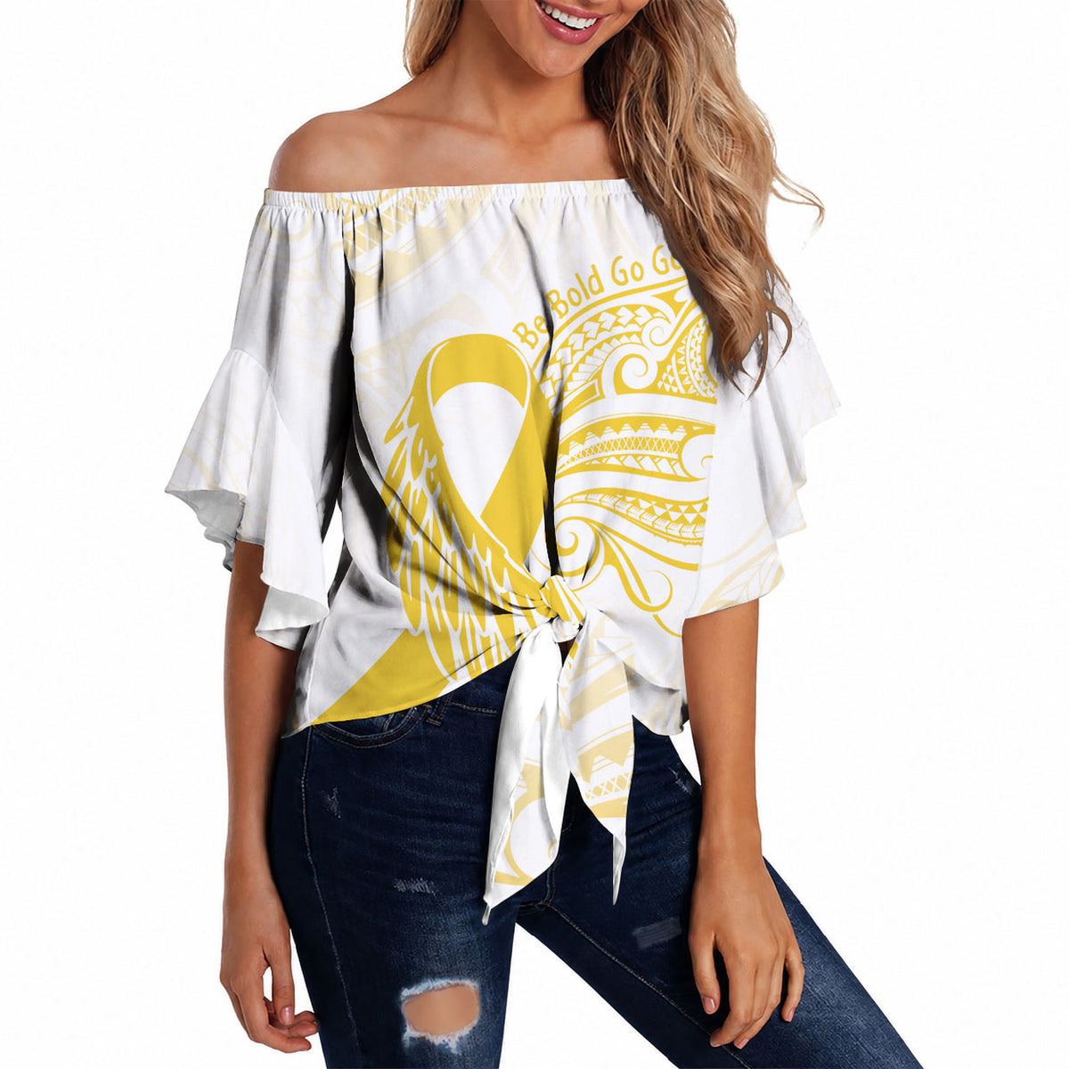 Be Bold Go Gold Polynesian Ribbon Childhood Personalised Off Shoulder Wrap Waist Top