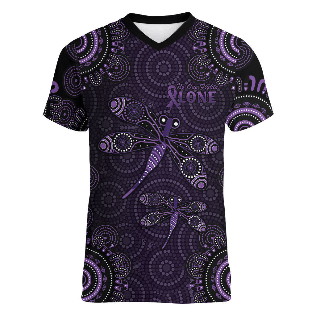 Australia Epilepsy Support Purple Dragonfly Women V-Neck T-Shirt Aboriginal of Hope