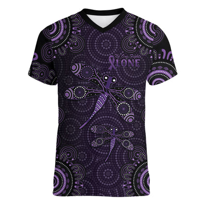 Australia Epilepsy Support Purple Dragonfly Women V-Neck T-Shirt Aboriginal of Hope
