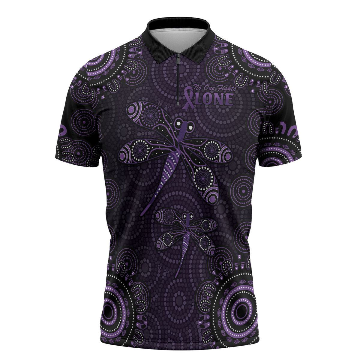 Australia Epilepsy Support Purple Dragonfly Zipper Polo Shirt Aboriginal of Hope