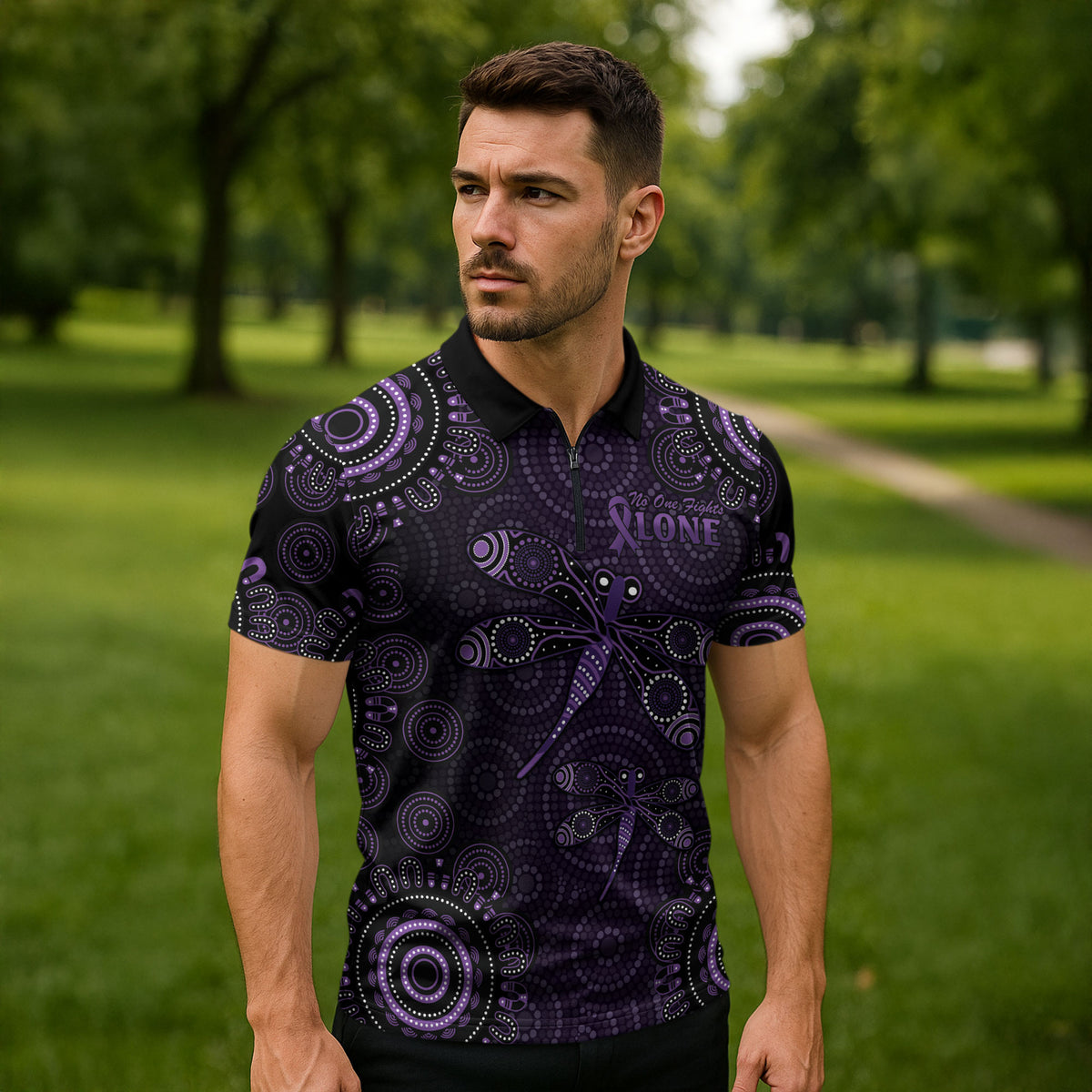 Australia Epilepsy Support Purple Dragonfly Zipper Polo Shirt Aboriginal of Hope