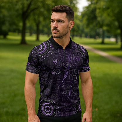 Australia Epilepsy Support Purple Dragonfly Zipper Polo Shirt Aboriginal of Hope