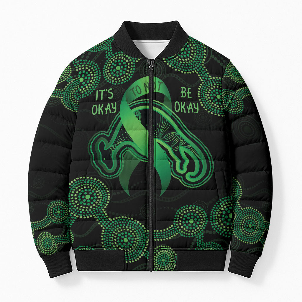 Green Kangaroo Ribbon Aboriginal Personalised Bomber Puffer Jacket Depression Support Hope And Healing