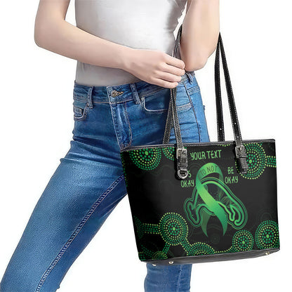 Green Kangaroo Ribbon Aboriginal Personalised Leather Tote Bag Depression Support Hope And Healing
