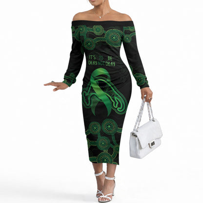 Green Kangaroo Ribbon Aboriginal Personalised Off The Shoulder Long Sleeve Dress Depression Support Hope And Healing