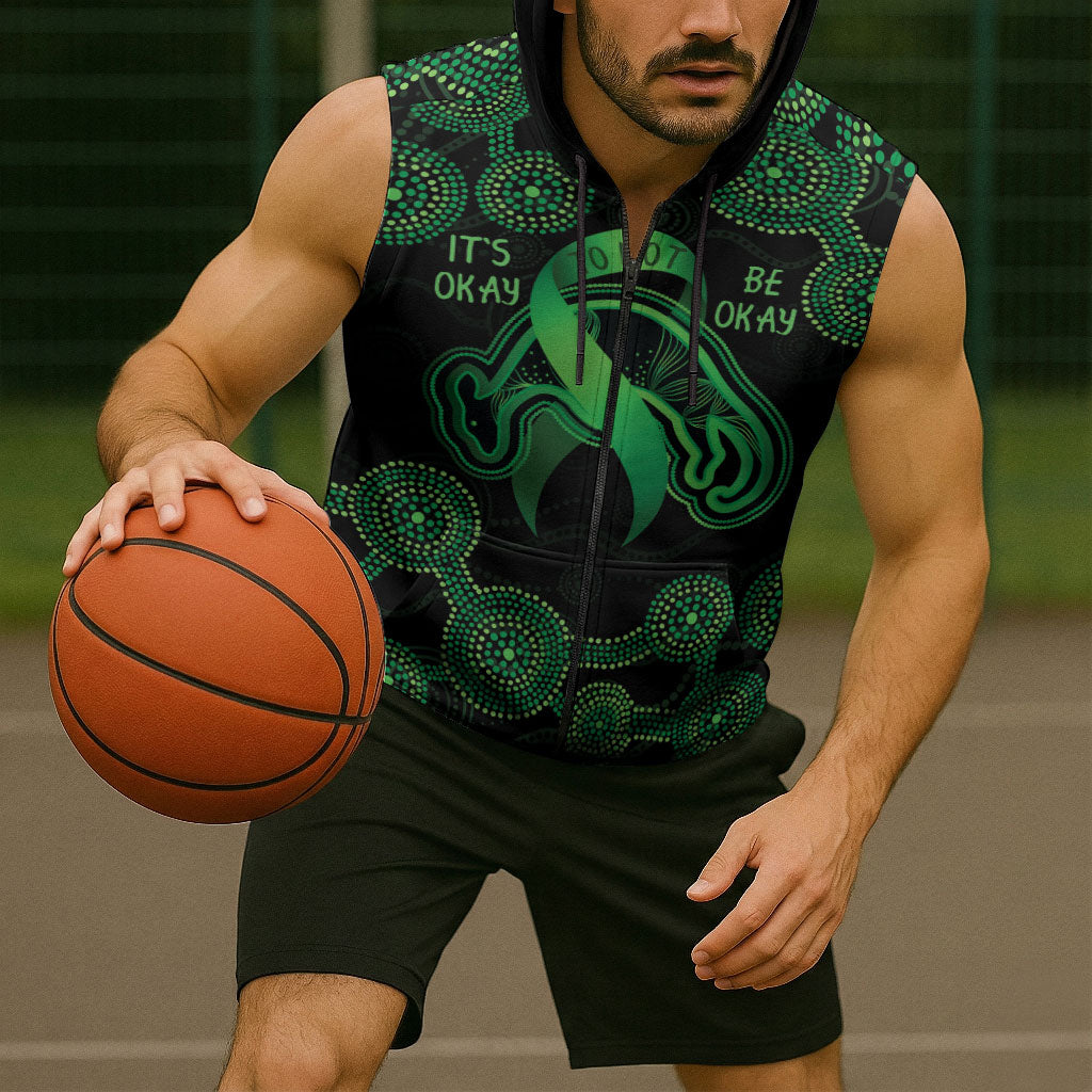 Green Kangaroo Ribbon Aboriginal Personalised Sleeveless Zip Hoodie Depression Support Hope And Healing