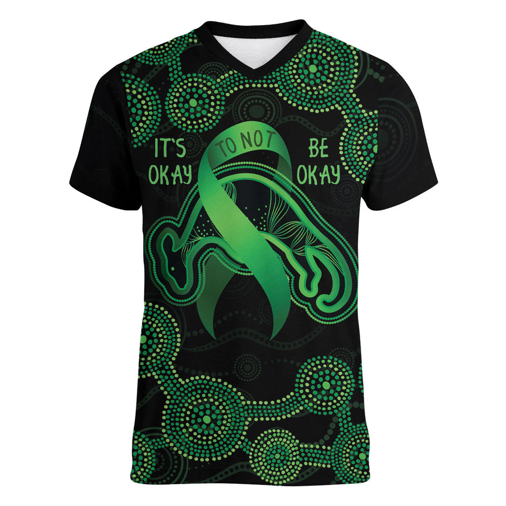 Green Kangaroo Ribbon Aboriginal Personalised Women V-Neck T-Shirt Depression Support Hope And Healing