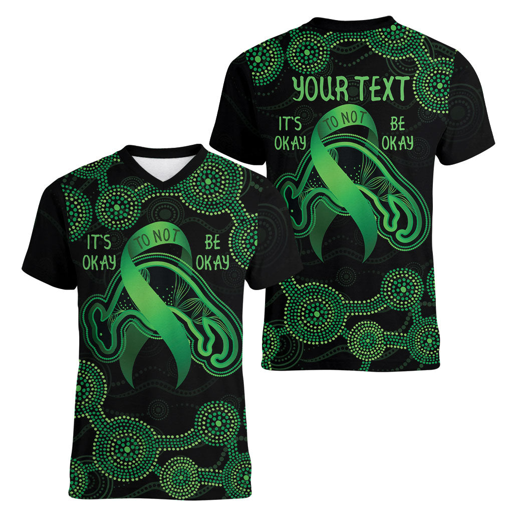Green Kangaroo Ribbon Aboriginal Personalised Women V-Neck T-Shirt Depression Support Hope And Healing