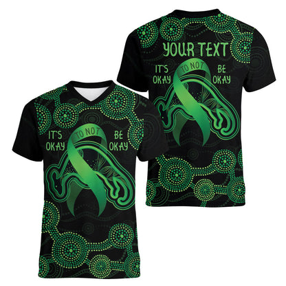 Green Kangaroo Ribbon Aboriginal Personalised Women V-Neck T-Shirt Depression Support Hope And Healing