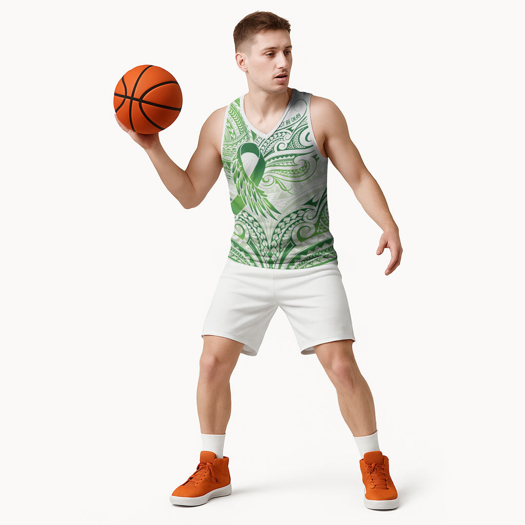 Its Okay Green Ribbon Personalised Basketball Jersey Polynesian Depression Support Hope And Healing