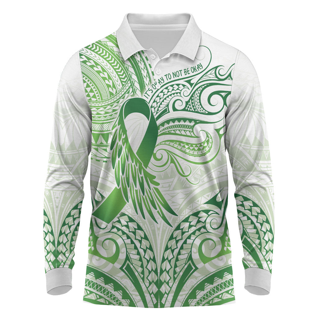 Its Okay Green Ribbon Personalised Long Sleeve Polo Shirt Polynesian Depression Support Hope And Healing
