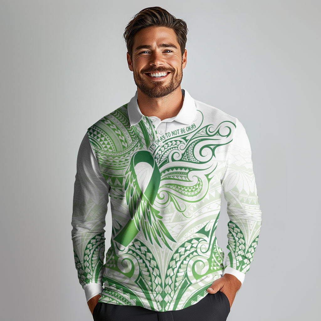 Its Okay Green Ribbon Personalised Long Sleeve Polo Shirt Polynesian Depression Support Hope And Healing