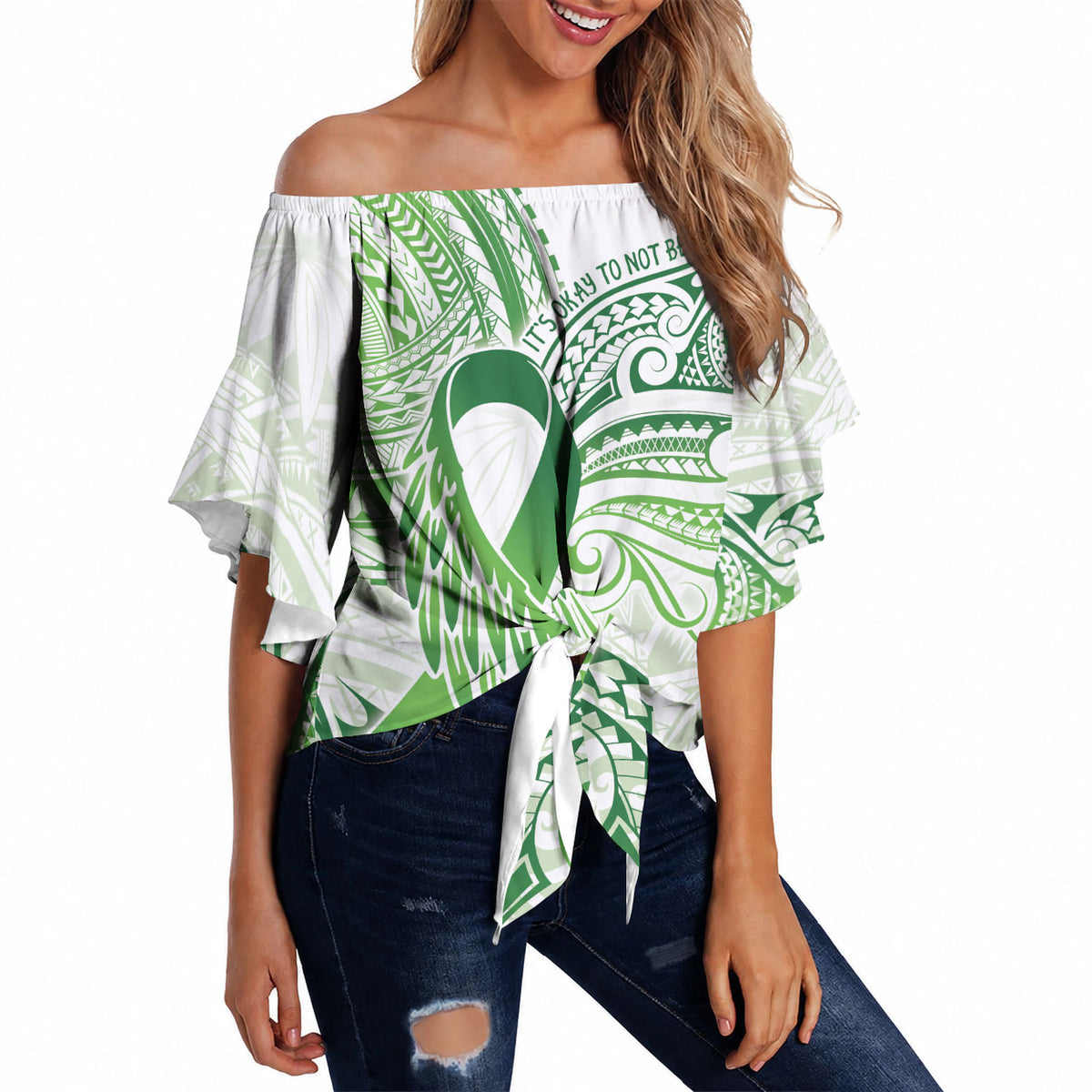 Its Okay Green Ribbon Personalised Off Shoulder Wrap Waist Top Polynesian Depression Support Hope And Healing