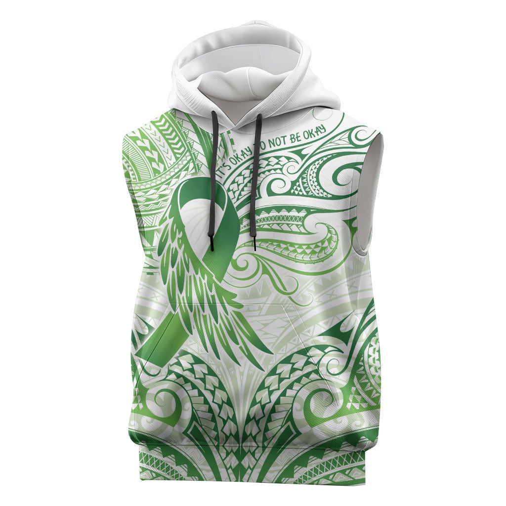 Its Okay Green Ribbon Personalised Sleeveless Hoodie Polynesian Depression Support Hope And Healing