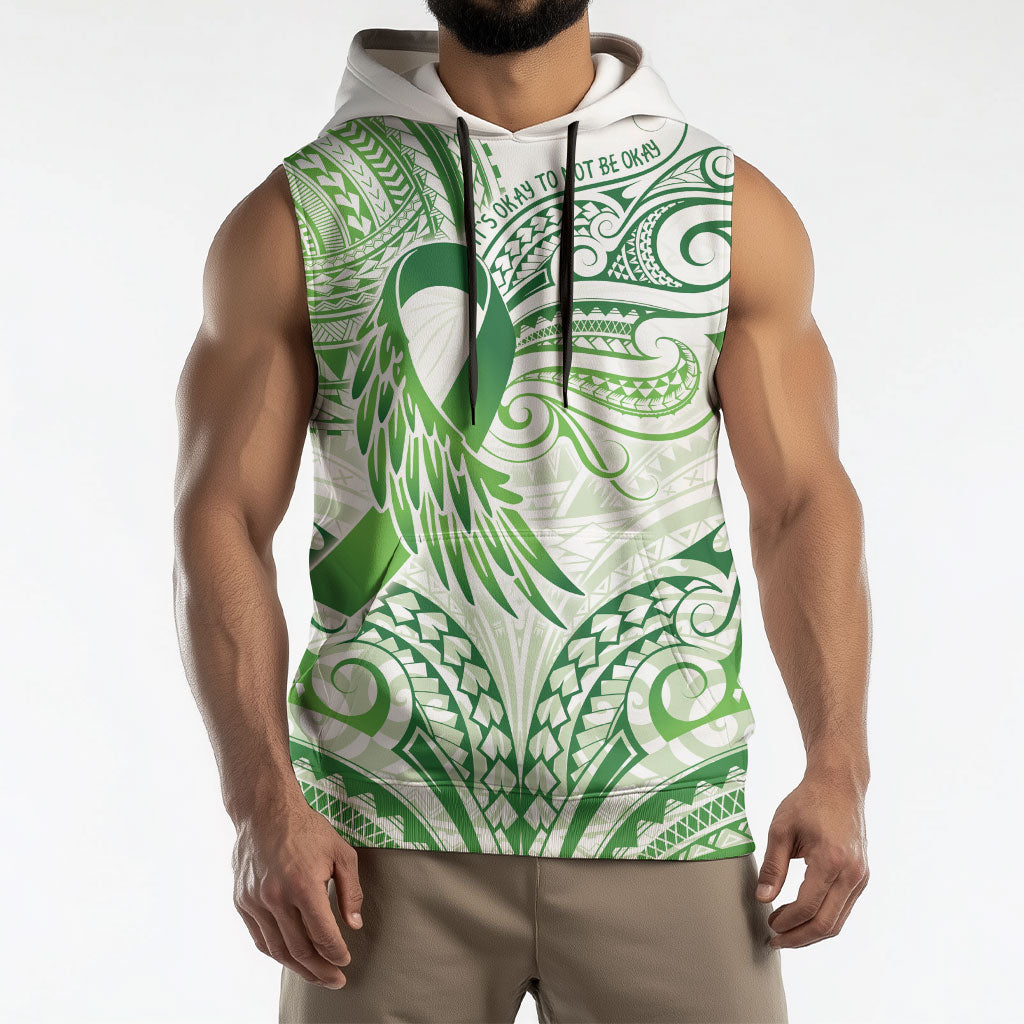 Its Okay Green Ribbon Personalised Sleeveless Hoodie Polynesian Depression Support Hope And Healing